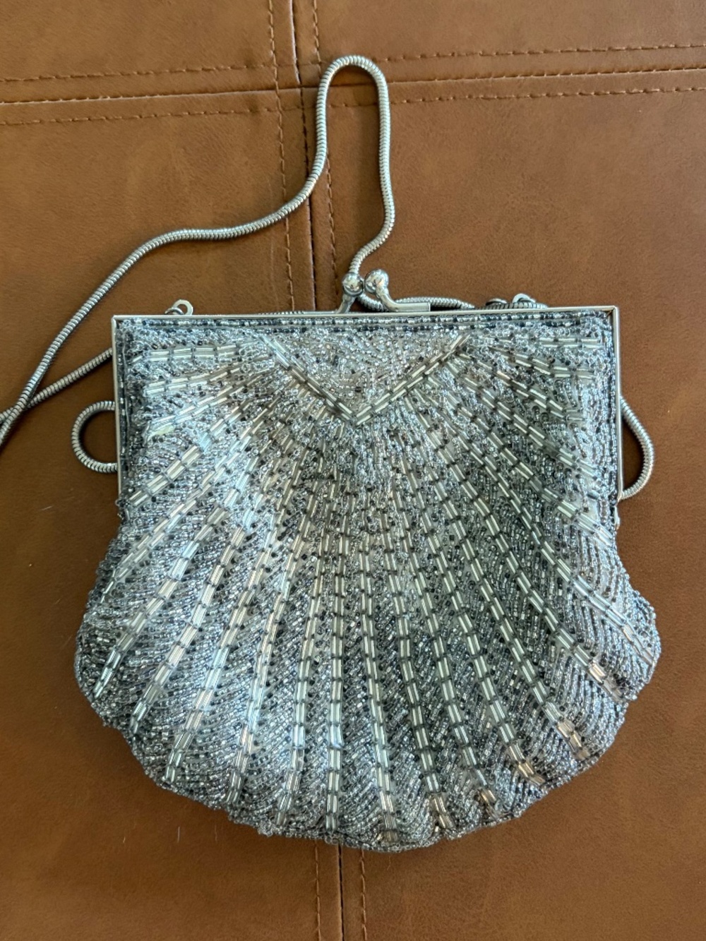 Vintage Silver beaded clamshell evening bag kiss-lock clasp La Regale glam luxe
